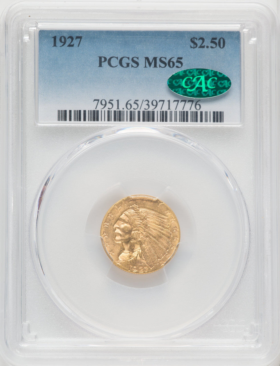 1927 $2.50 CAC Indian Quarter Eagle PCGS MS65