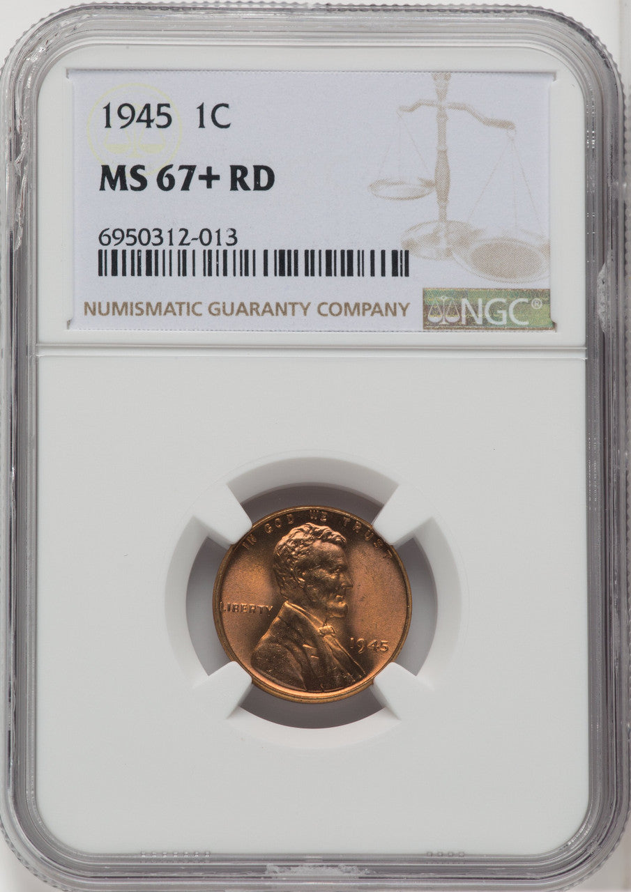 1945 1C RD Lincoln Cent NGC MS67+ (766065038)