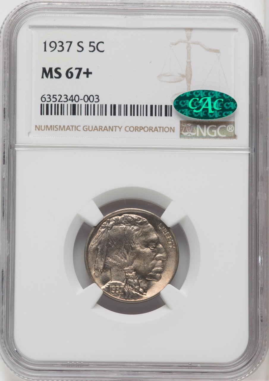 1937-S 5C CAC Buffalo Nickel NGC MS67+