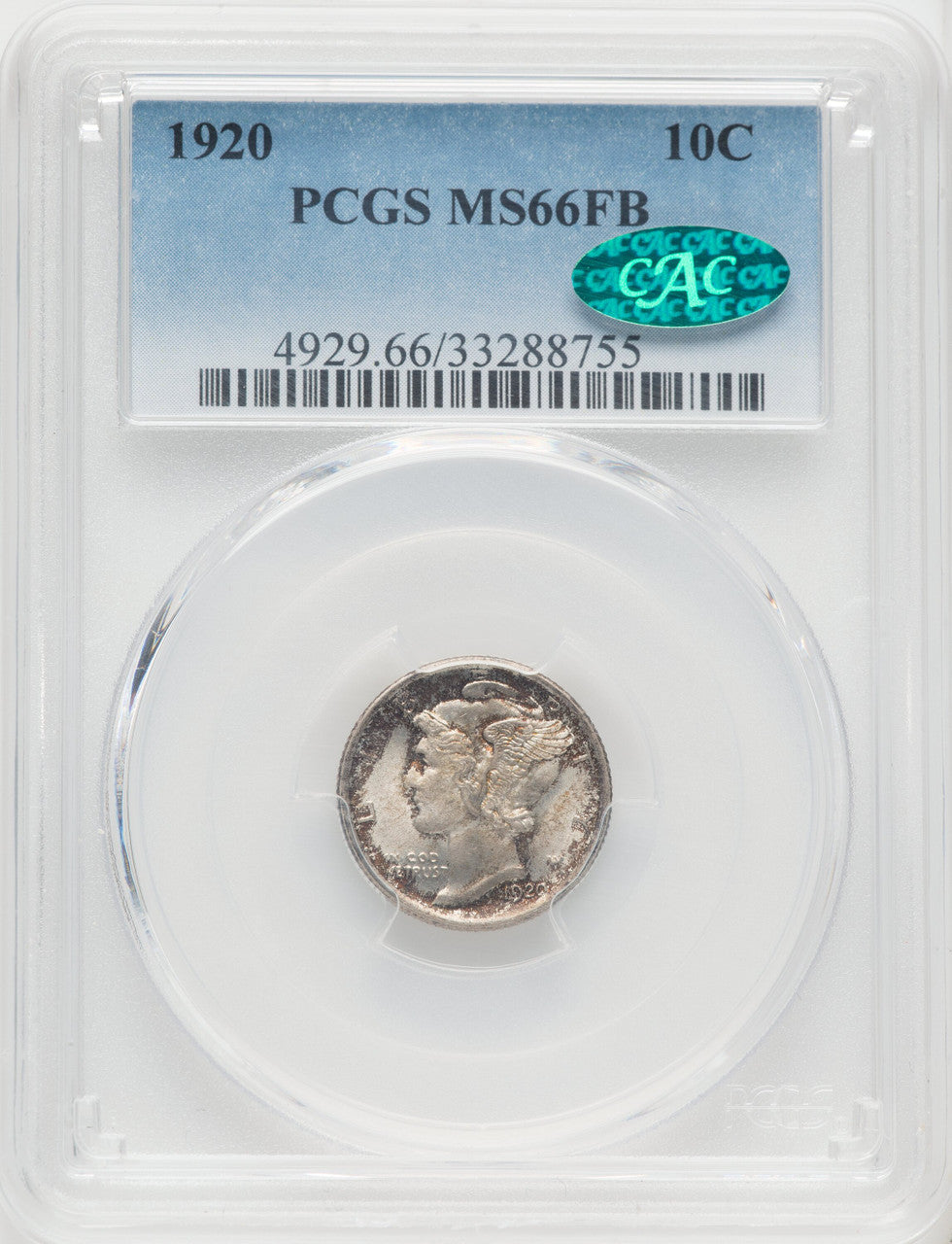 1920 10C FB CAC Mercury Dime PCGS MS66