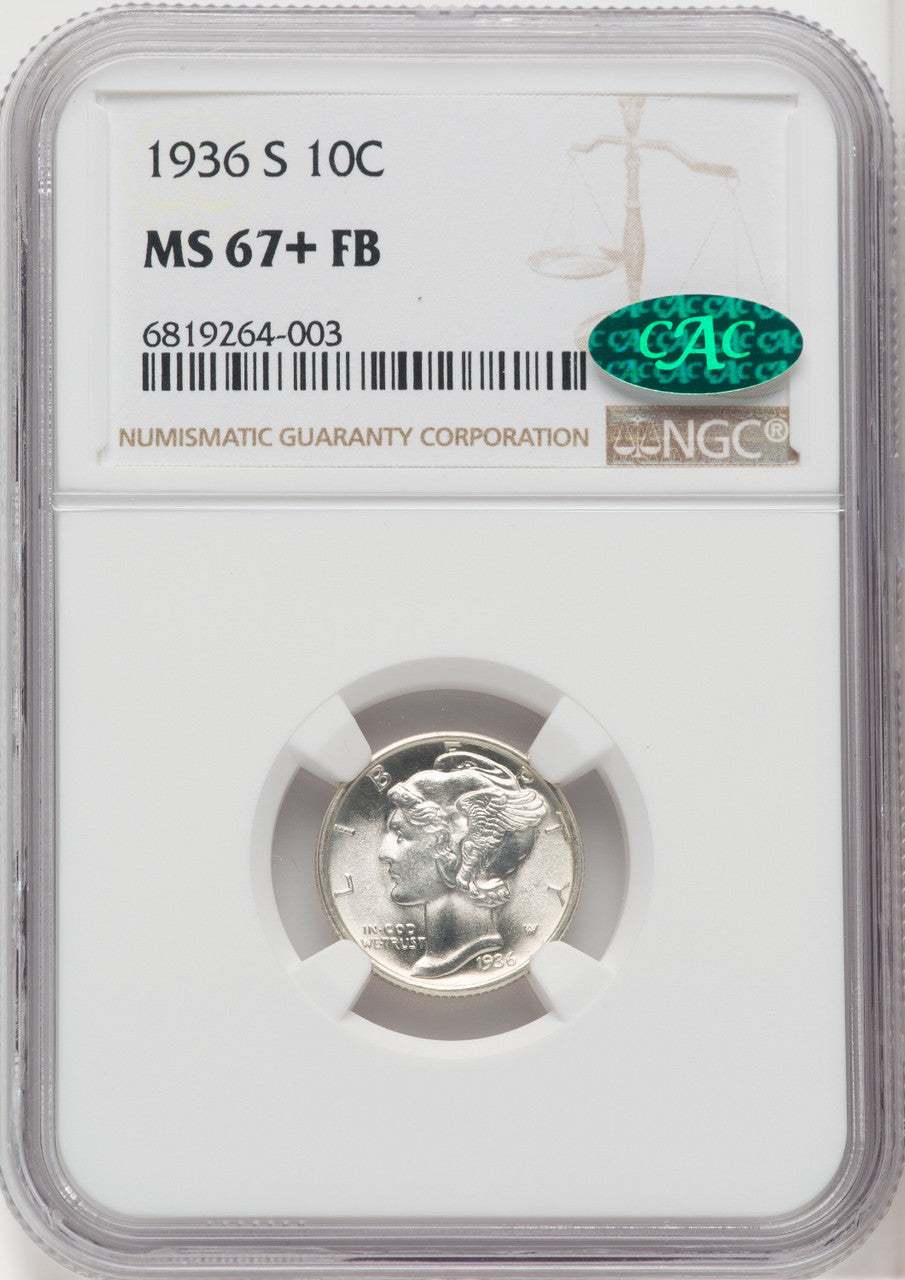 1936-S 10C FB CAC Mercury Dime NGC MS67+
