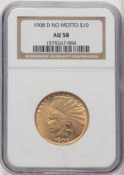 1908-D $10 NO MOTTO Indian Eagle NGC AU58