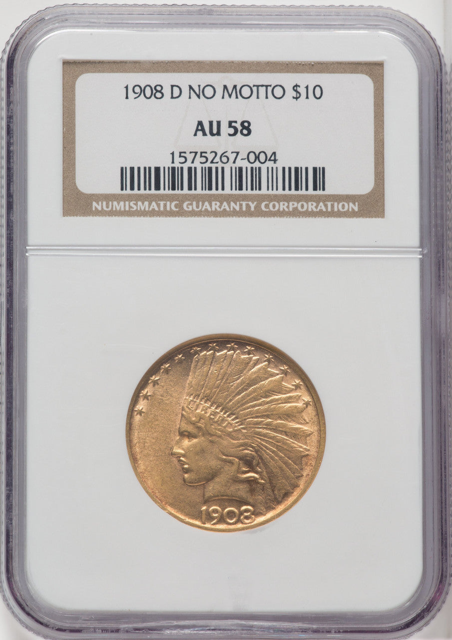 1908-D $10 NO MOTTO Indian Eagle NGC AU58