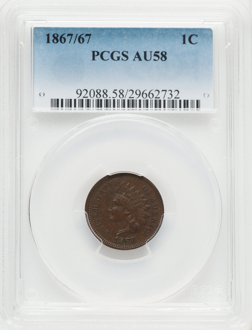 1867/67 1C BN Indian Cent PCGS AU58
