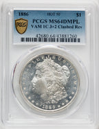 1886 $1 VAM 1C 3+2 Clashed Rev DM Morgan Dollar PCGS MS64