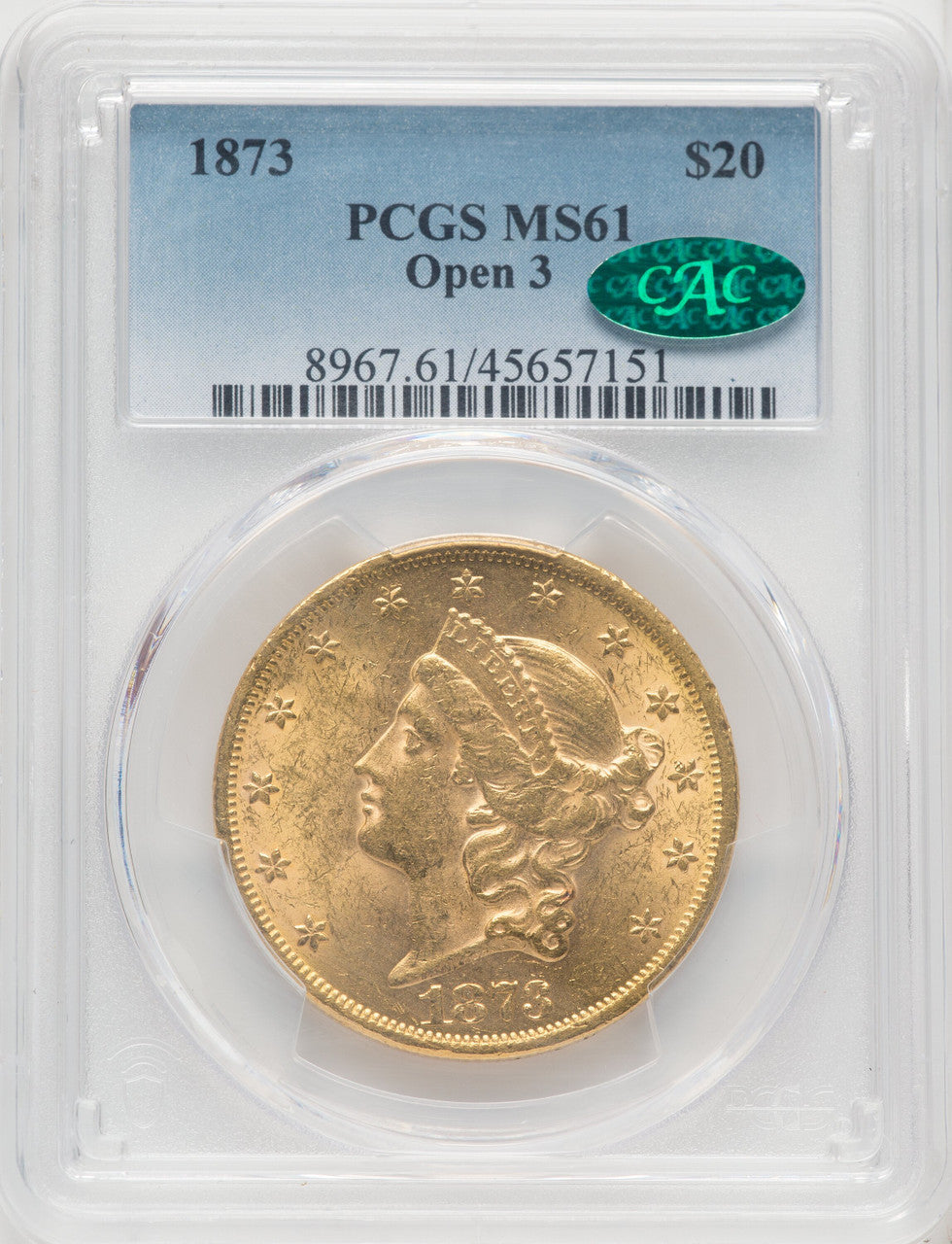 1873 $20 OPEN 3 CAC Liberty Double Eagle PCGS MS61 (766215019)