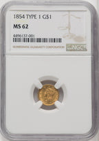 1854 G$1 Type One Gold Dollar NGC MS62