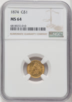 1874 G$1 Gold Dollar NGC MS64