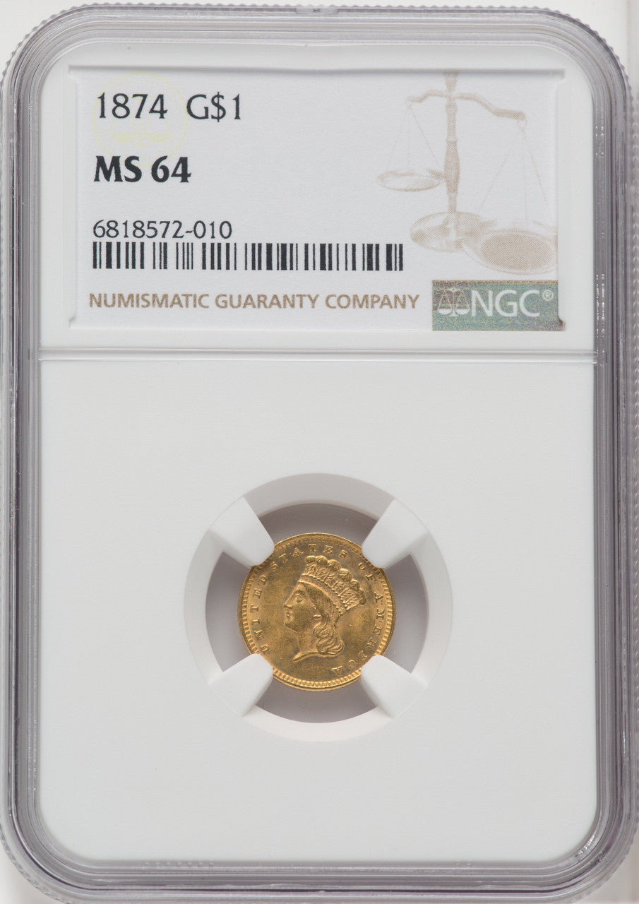 1874 G$1 Gold Dollar NGC MS64