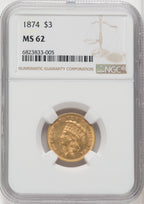 1874 $3 Three Dollar Gold Pieces NGC MS62