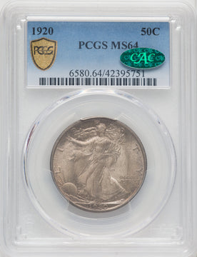 1920 50C CAC Walking Liberty Half Dollar PCGS MS64