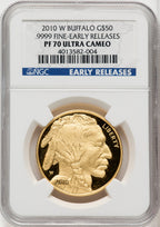 2010-W $50 One-Ounce Gold Buffalo First Strike DM ER Blue NGC MS70