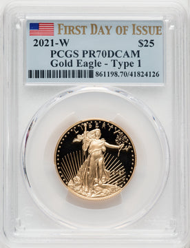 2021-W G$25 Half Ounce Gold Eagle Type One First Day of Issue FDI Flag PCGS PR70
