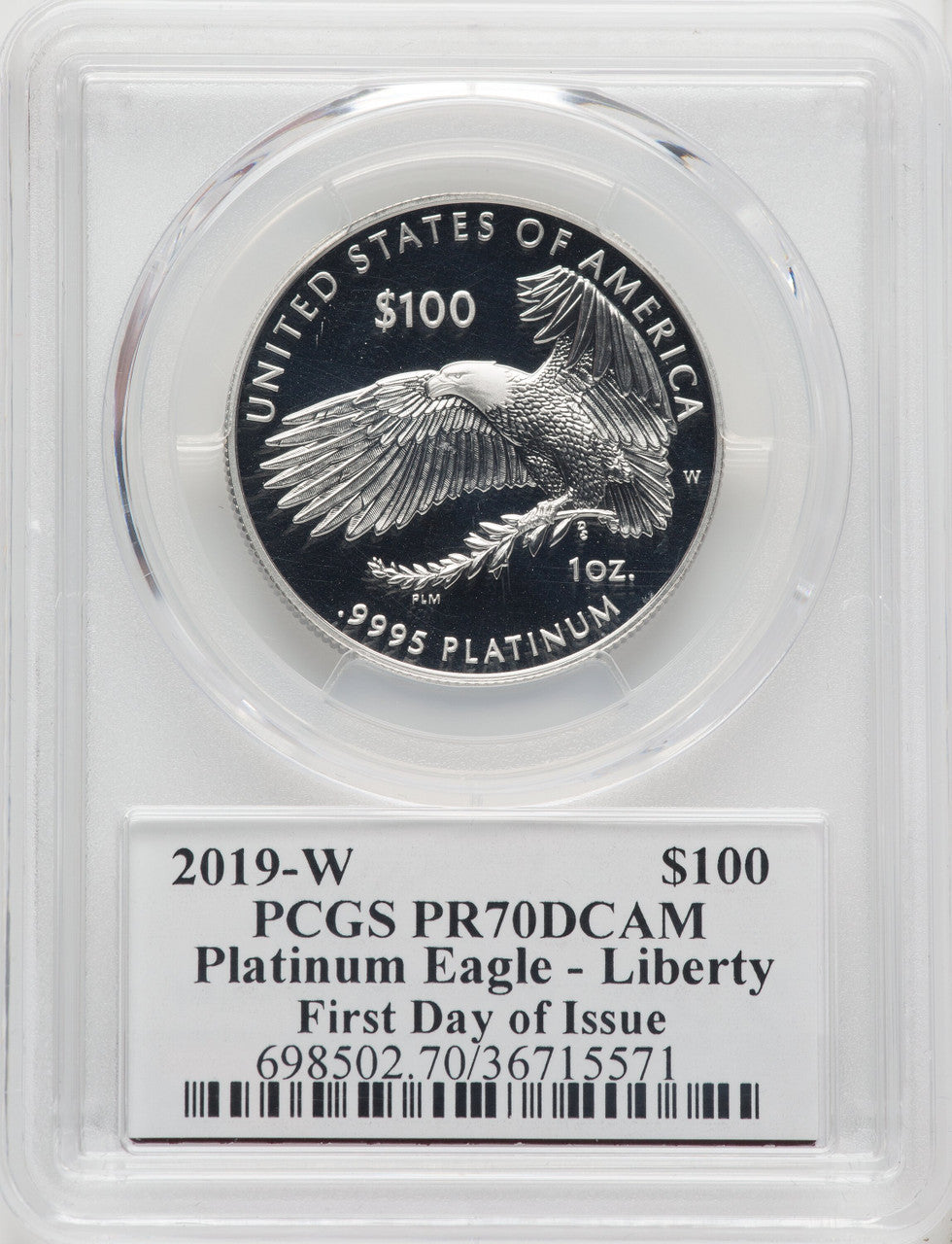 2019-W $100 One-Ounce Platinum Eagle Liberty First Day of Issue Mercanti Flag PCGS PR70