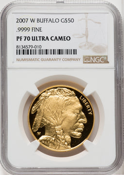 2007-W G$50 One-Ounce Gold Buffalo .9999 Fine Gold Brown Label NGC PF70