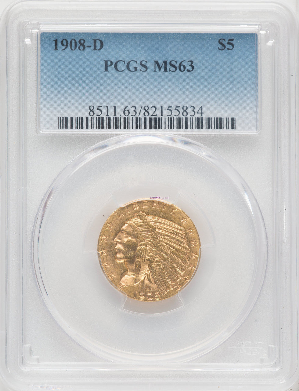 1908-D $5 Indian Half Eagle PCGS MS63