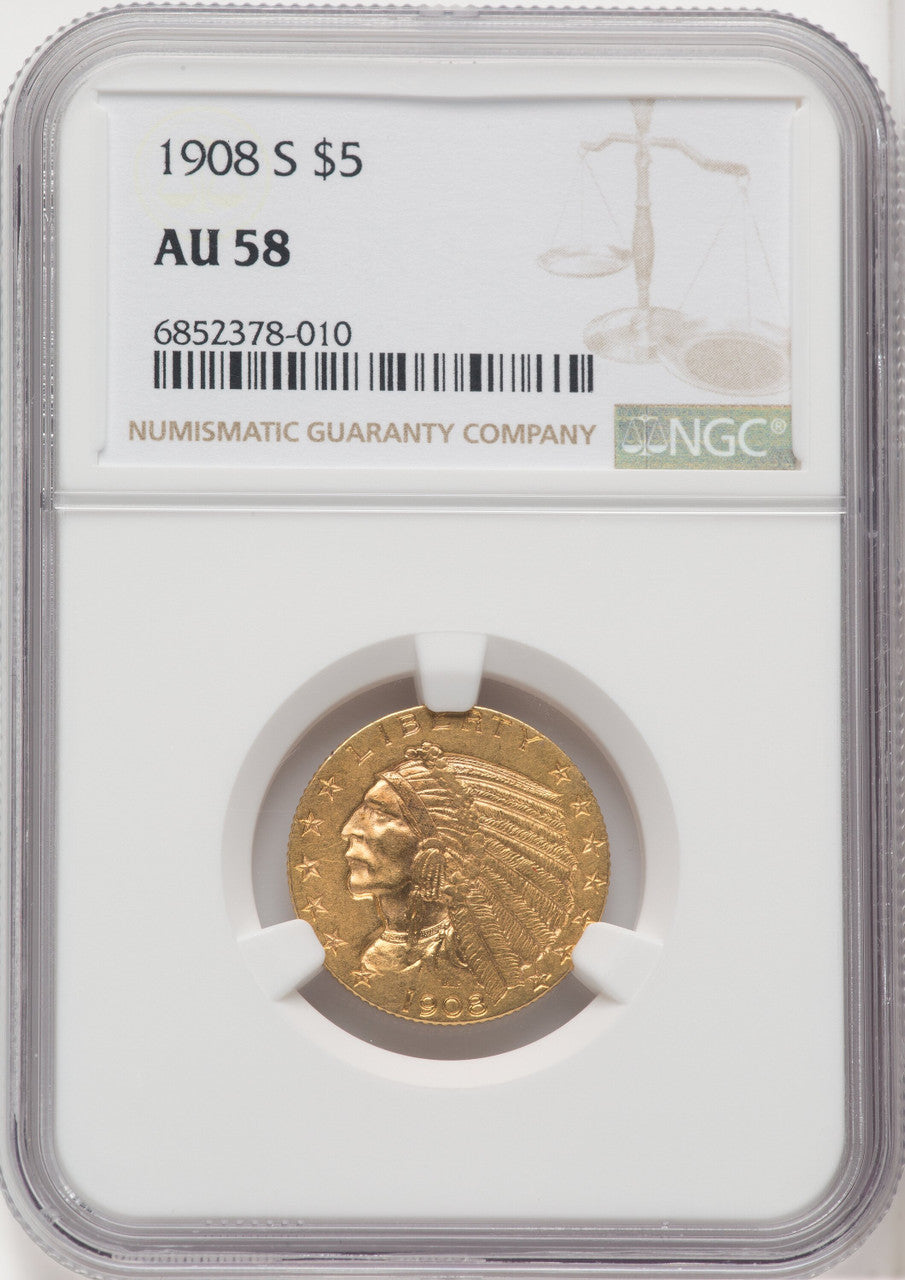 1908-S $5 Indian Half Eagle NGC AU58
