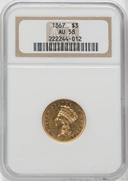 1867 $3 Three Dollar Gold Pieces NGC AU58