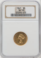 1867 $3 Three Dollar Gold Pieces NGC AU58