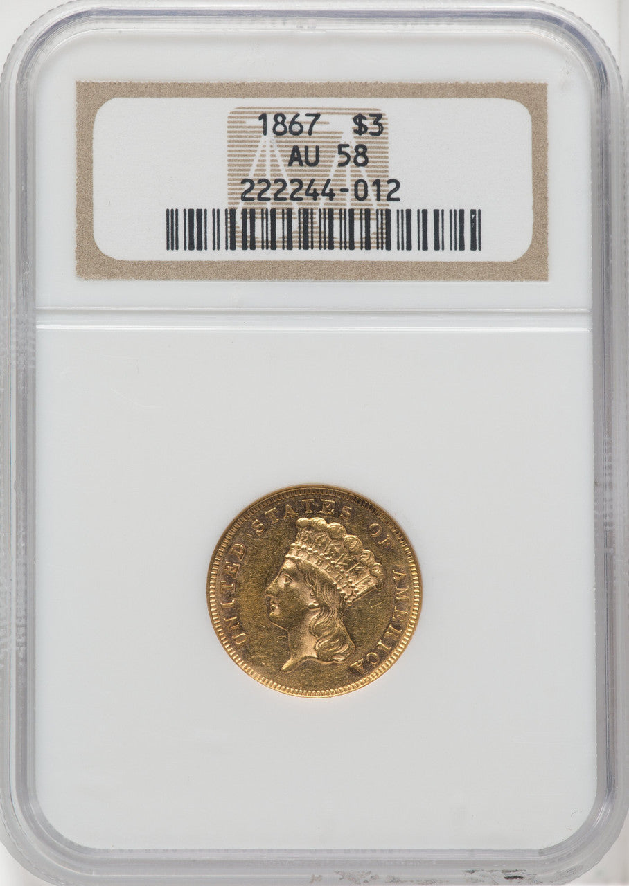1867 $3 Three Dollar Gold Pieces NGC AU58