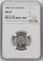 1883 5C NO CENTS Liberty Nickel NGC MS67