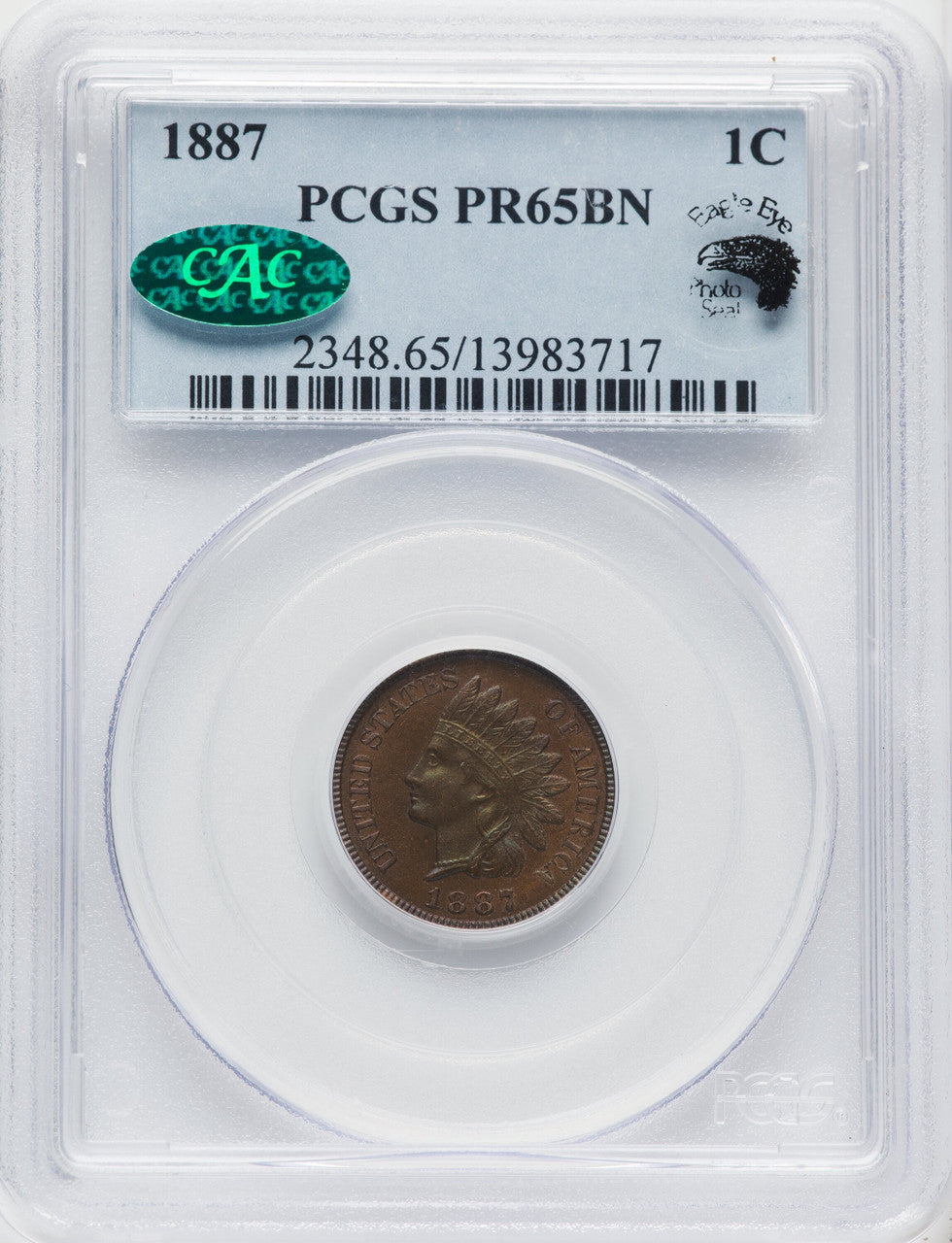 1887 1C BN CAC Proof Indian Cent PCGS PR65