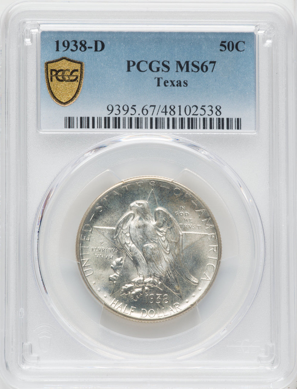 1938-D 50C Texas Commemorative Silver PCGS MS67