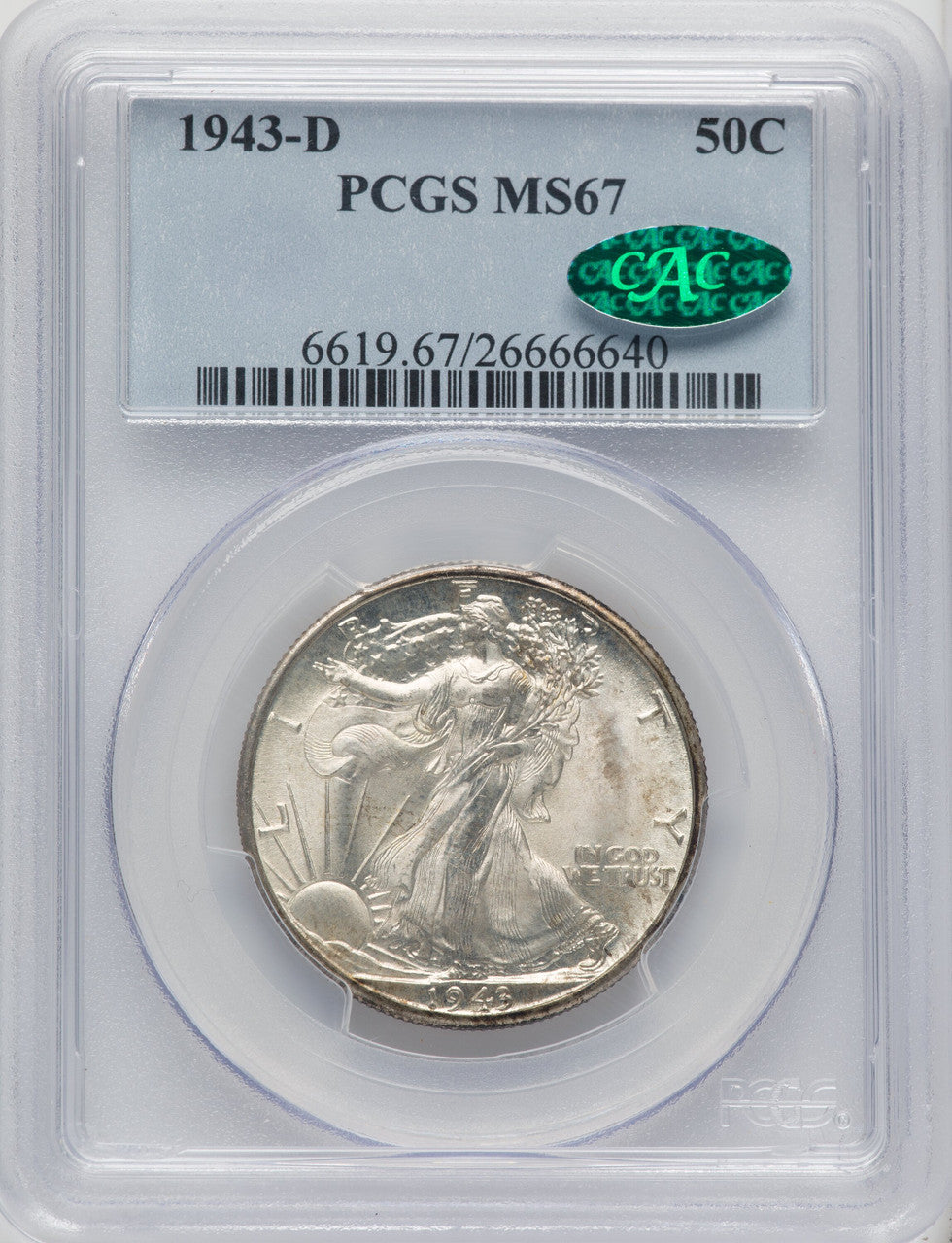 1943-D 50C CAC Walking Liberty Half Dollar PCGS MS67