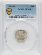 1914-D 10C Barber Dime PCGS MS65