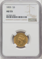 1855 $3 Three Dollar Gold Pieces NGC AU55