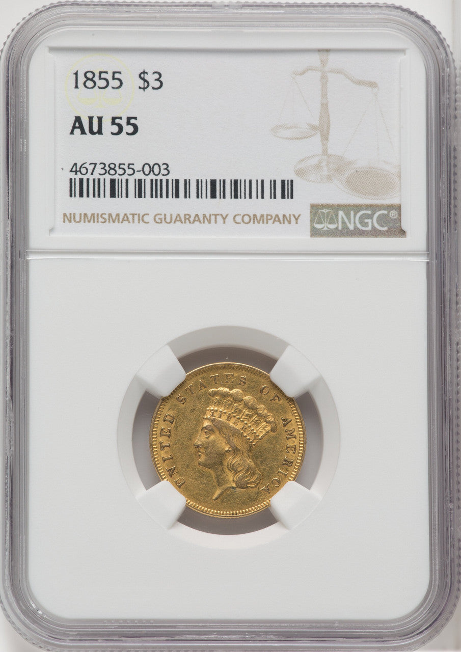 1855 $3 Three Dollar Gold Pieces NGC AU55