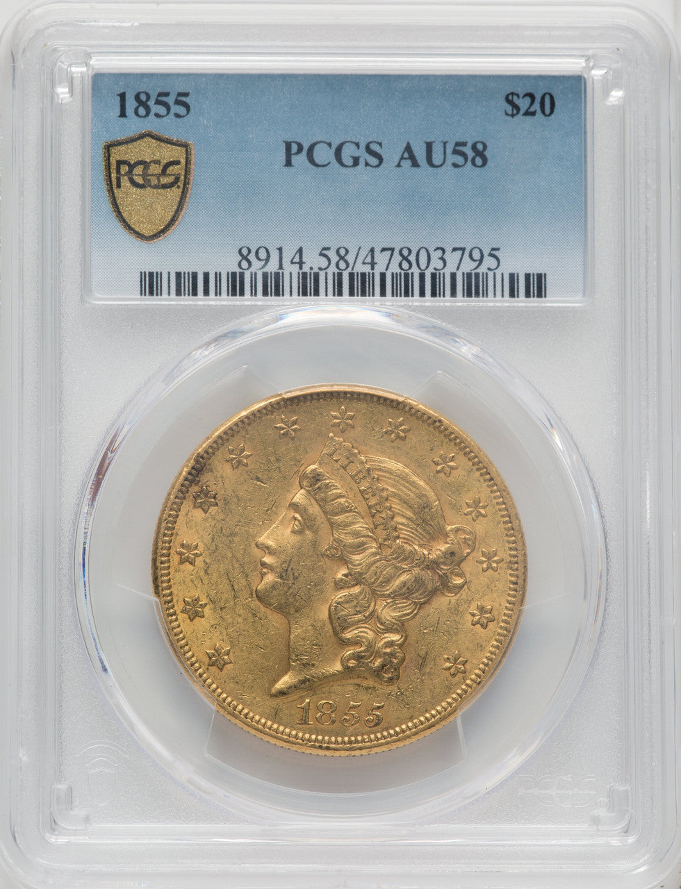 1855 $20 Liberty Double Eagle PCGS AU58