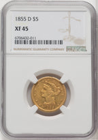 1855-D $5 Large D Liberty Half Eagle NGC XF45