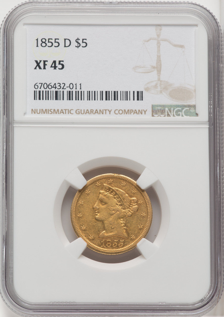 1855-D $5 Large D Liberty Half Eagle NGC XF45