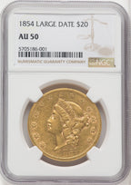 1854 $20 Large Date Proof Liberty Double Eagle NGC AU50