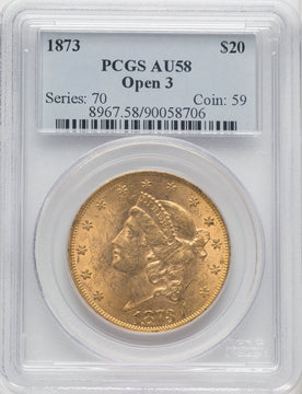 1873 $20 OPEN 3 Liberty Double Eagle PCGS AU58 (505374014)