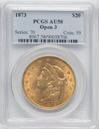 1873 $20 OPEN 3 Liberty Double Eagle PCGS AU58 (505374014)