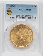 1867-S $20 Liberty Double Eagle PCGS AU58