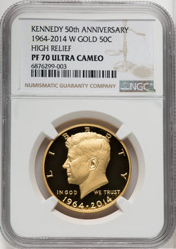 2014-W 50C Kennedy Gold 50th Anniversary Brown Label Proof Kennedy Half Dollar NGC PR70