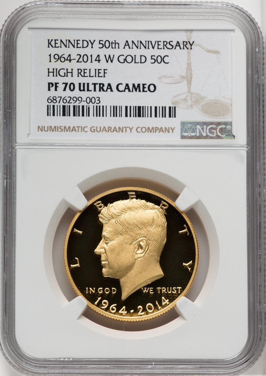 2014-W 50C Kennedy Gold 50th Anniversary Brown Label Proof Kennedy Half Dollar NGC PR70