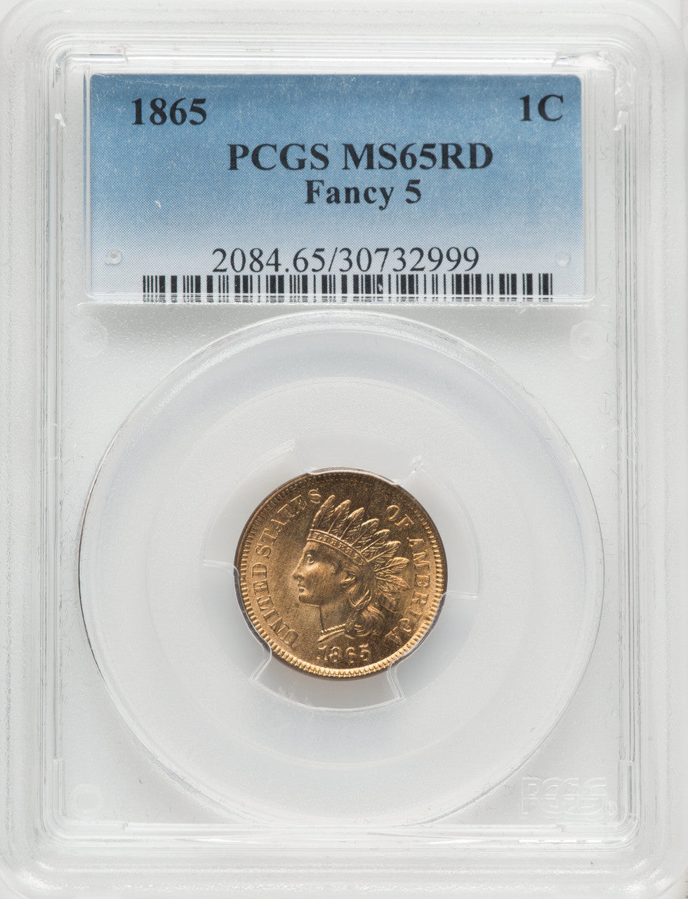 1865 1C Fancy 5 RD Indian Cent PCGS MS65