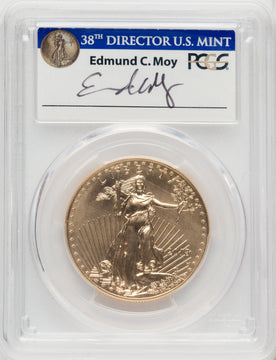 2018-W G$50 One Ounce Burnished Gold Eagle First Day of Issue Moy Washington PCGS PR70