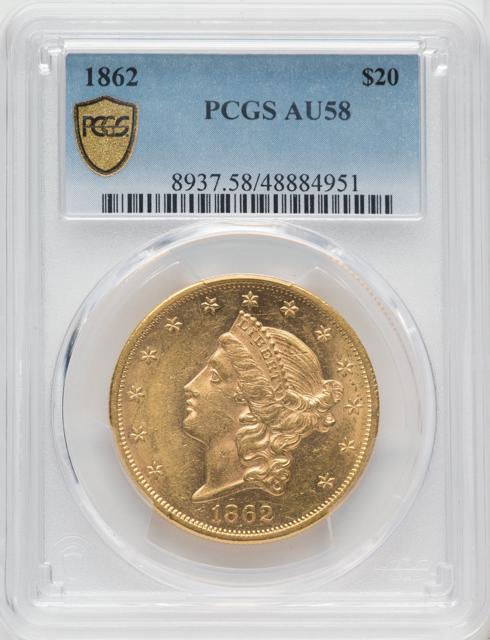 1862 $20 Liberty Double Eagle PCGS AU58