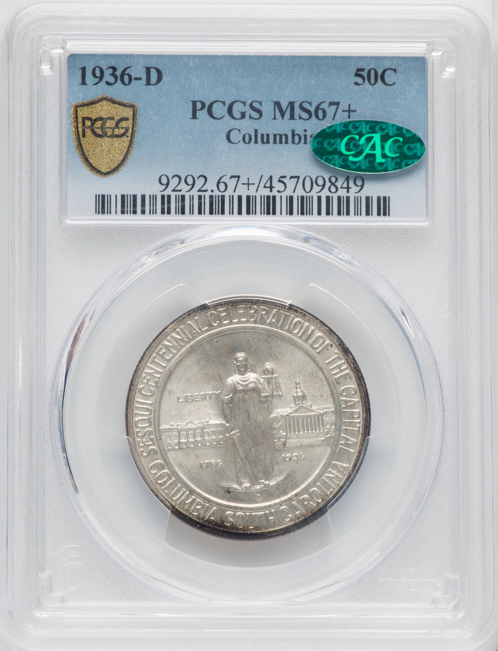 1936-D 50C Columbia CAC Commemorative Silver PCGS MS67+