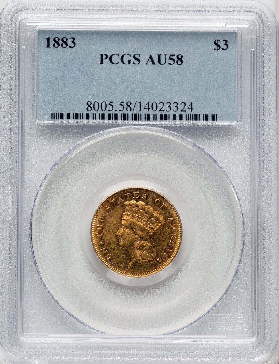 1883 $3 Three Dollar Gold Pieces PCGS AU58