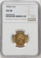 1856-S $3 Three Dollar Gold Pieces NGC AU58