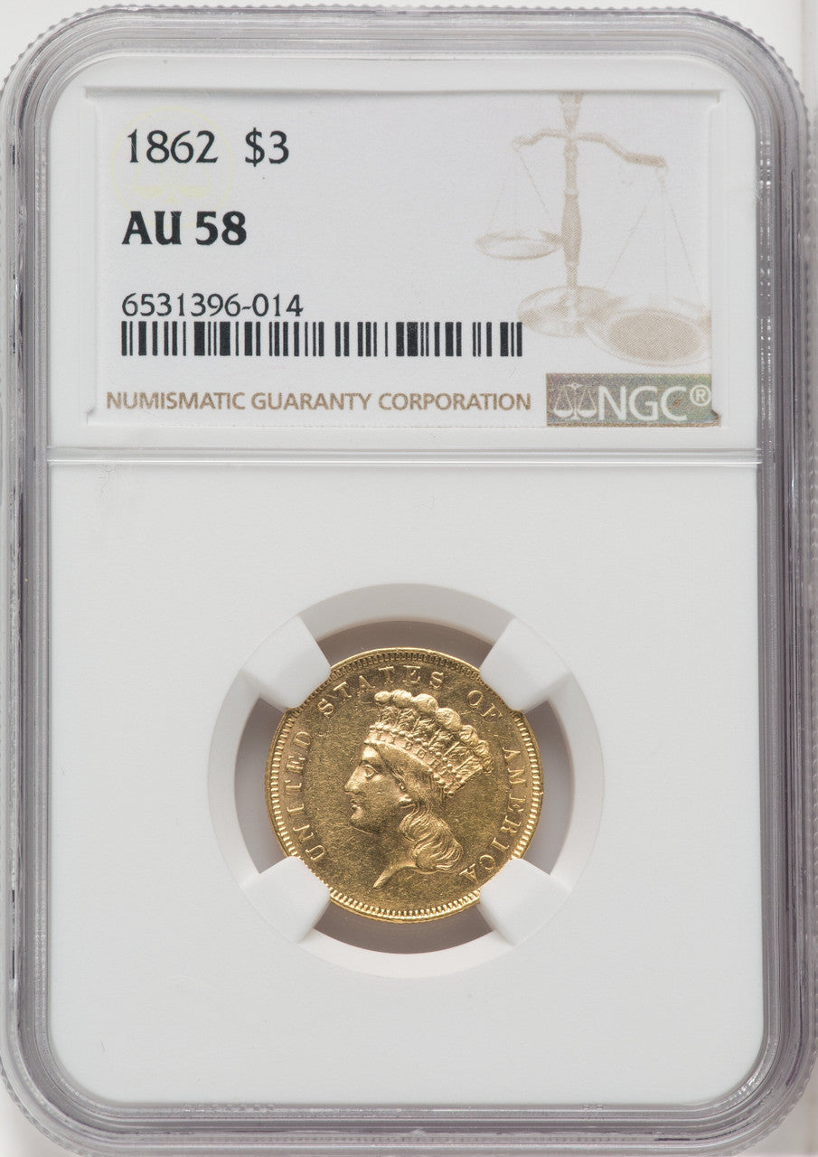 1862 $3 Three Dollar Gold Pieces NGC AU58