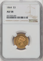 1864 $3 Three Dollar Gold Pieces NGC AU58