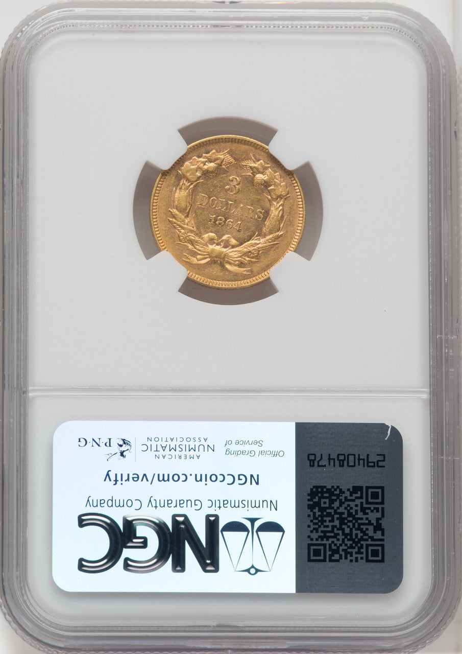 1864 $3 Three Dollar Gold Pieces NGC AU58
