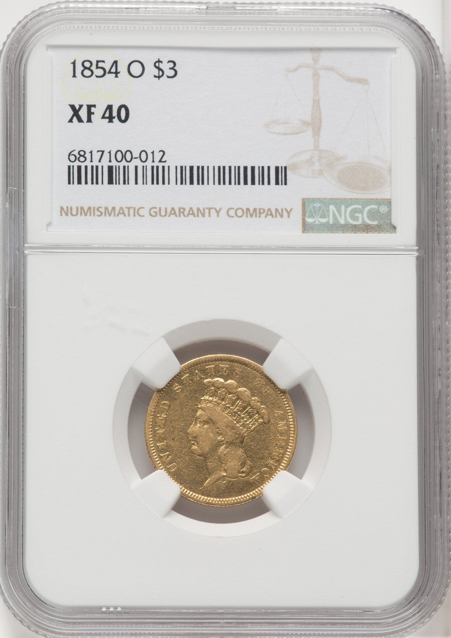 1854-O $3 Three Dollar Gold Pieces NGC XF40